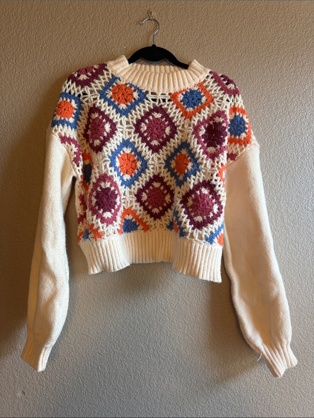 Cream Crochet-Pattern Women's Sweater with Multicolor Accents